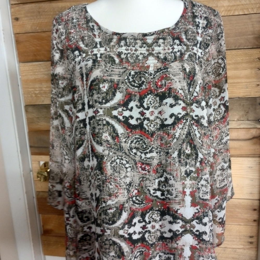 AB Studio Blouse Size XL 3/4 Bell Sleeves Smocked Lined Boho Lightweight